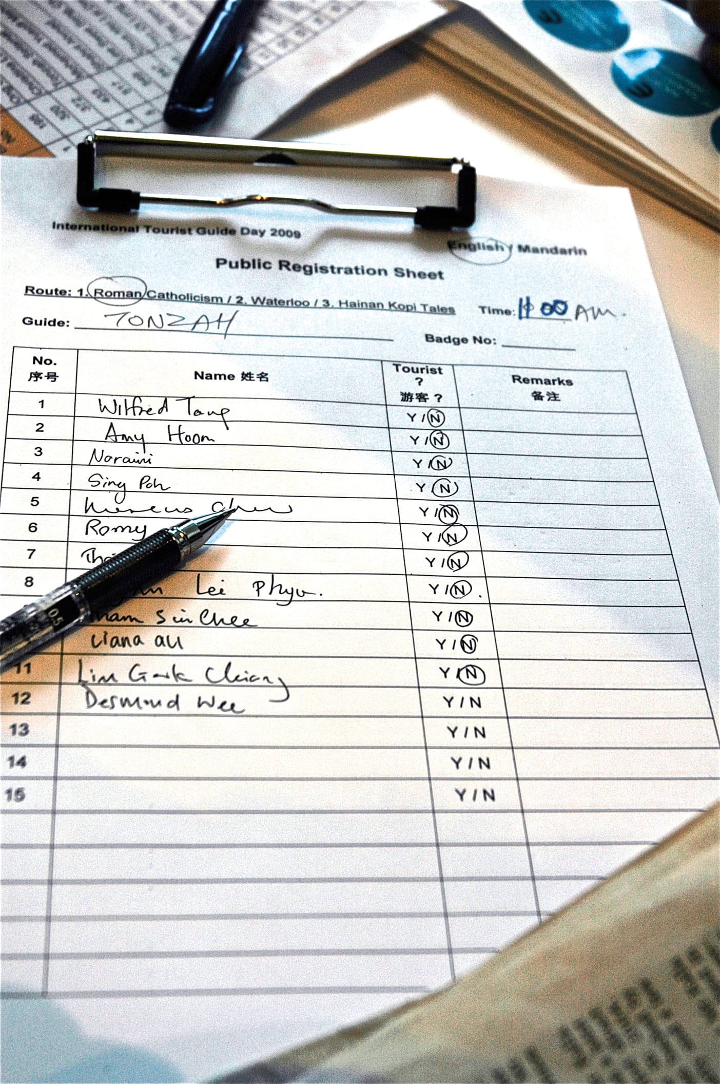 Figure 6: Public Registration Sheet for the International Tourist Guide Day 2009 free walking tour.